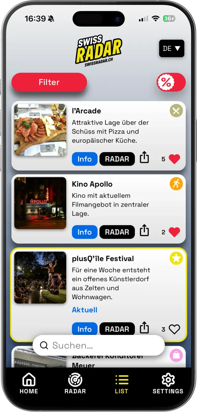 SwissRadar Liste der Orte nach Kategorie